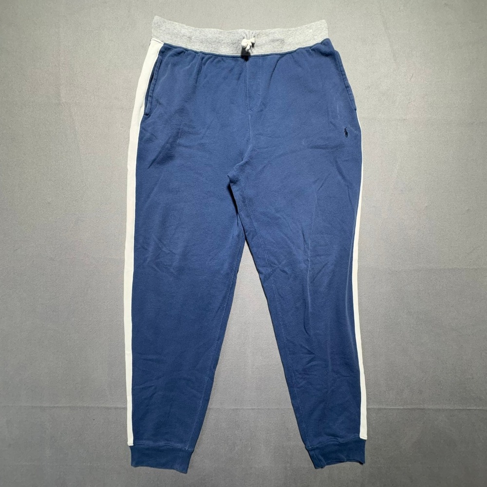 Polo Ralph Lauren Boys XL 18-20 Blue Fleece Joggers White Side Stripe Grey Waist